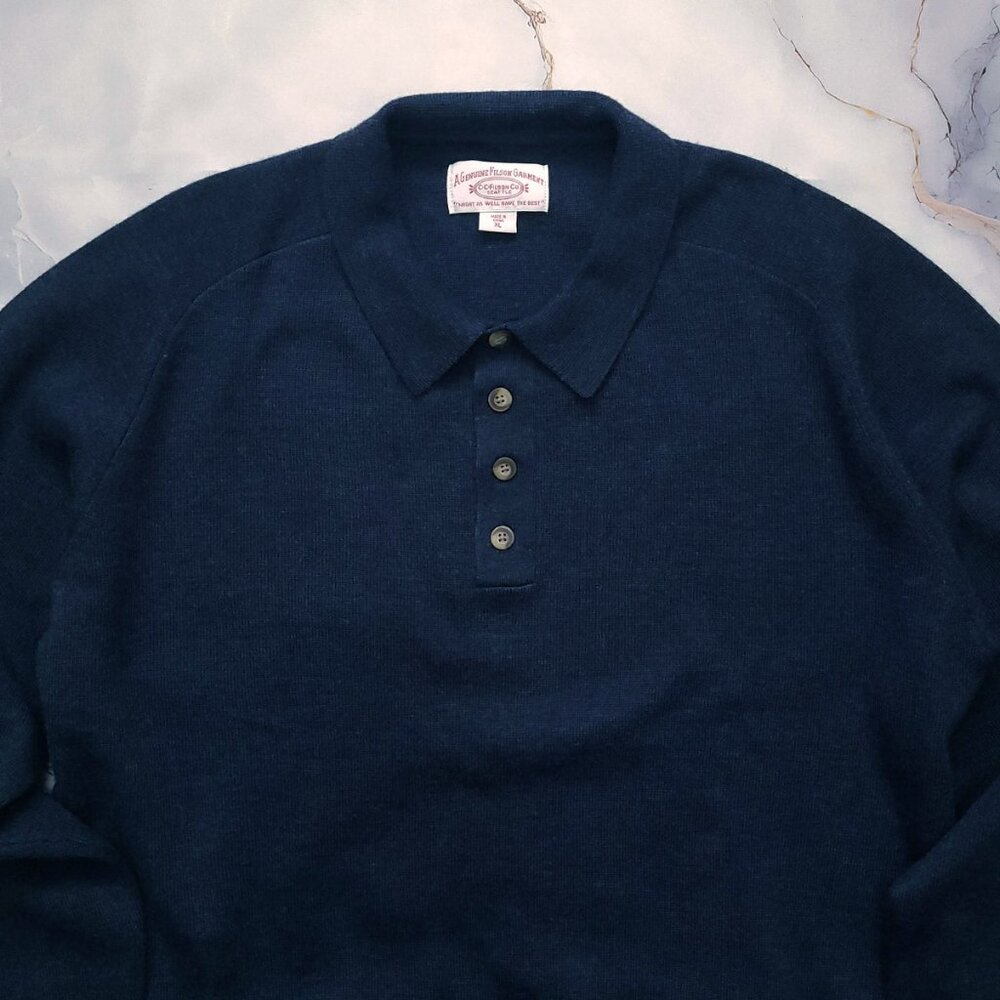 FILSON 100% Wool Polo Sweater Men's XL Navy Jumper Pullover - Picture 1 of 9